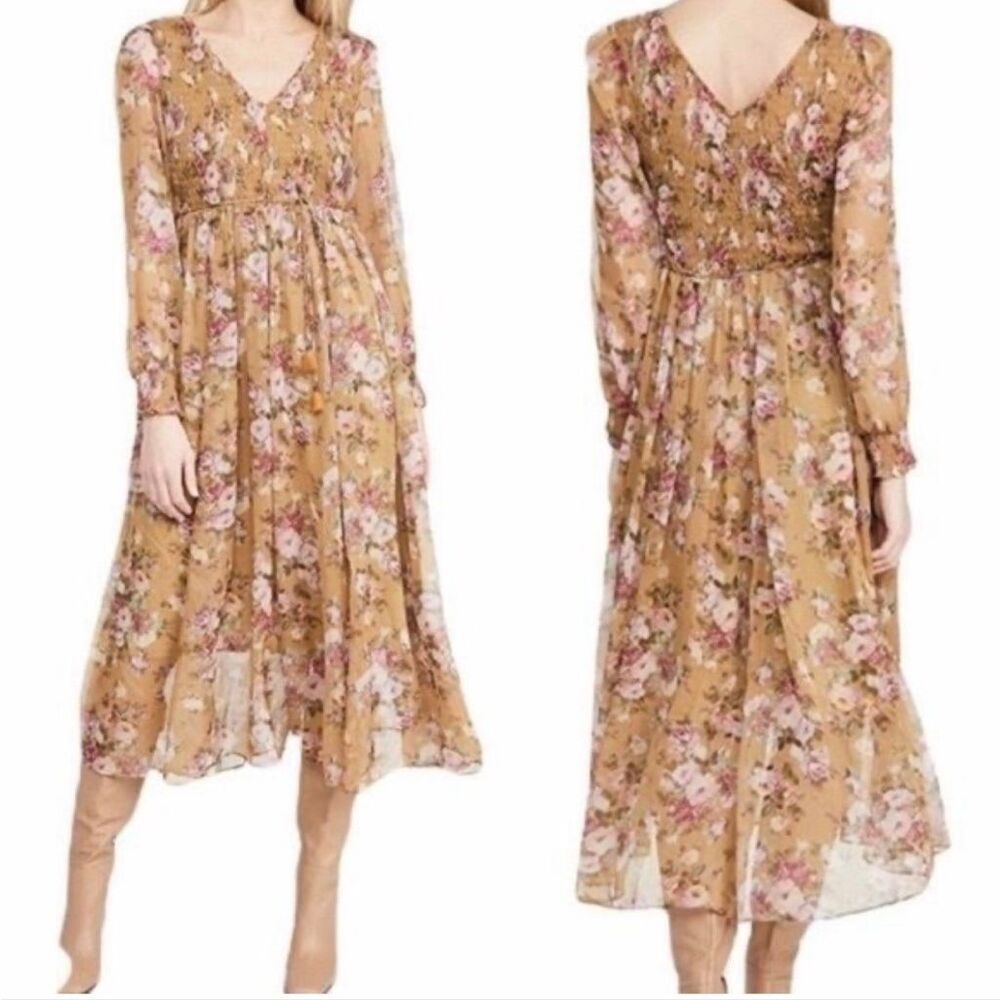 O.P.T. Wick floral yellow chiffon smocked midi dress